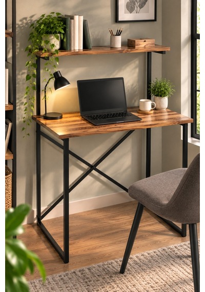 Sulorahome Ceviz Desenli Raflı Çalışma Masası