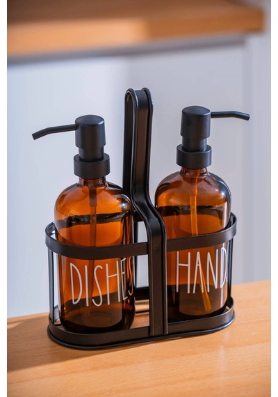 Morponi Metal Stantlı 2'li Cam Sabunluk&deterjanlık Hands-dishes Amber 500 Ml + 500 Ml Amber
