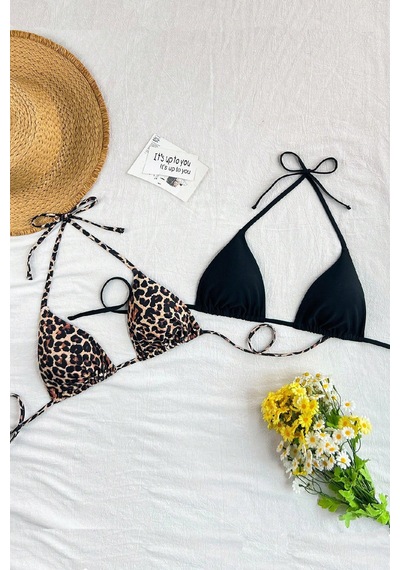 Modadua Kadın Leopar Desenli Ve Siyah Minimal Kesim Üçgen Bikini Üstü Çok Renkli