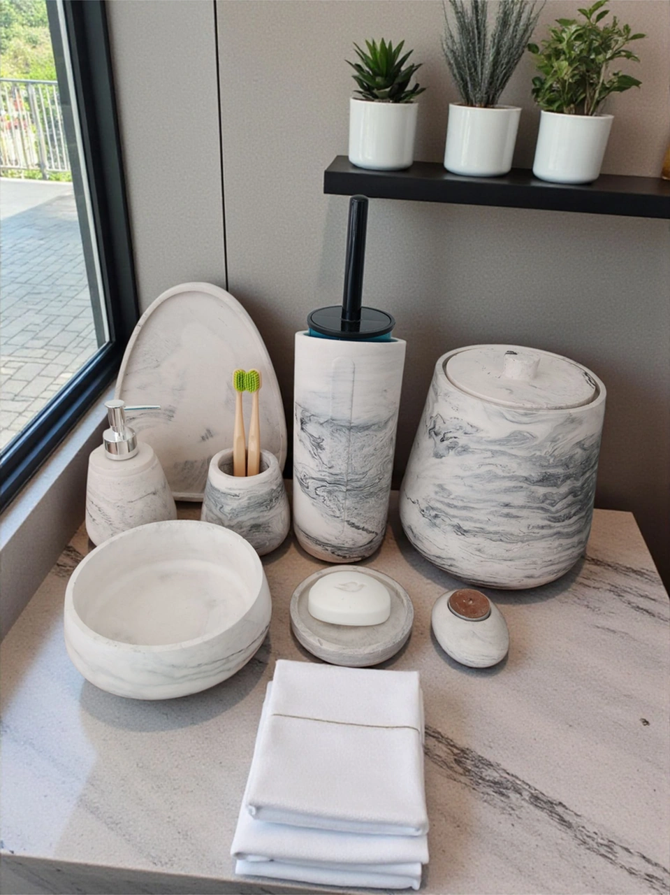 Mermer Desen 11 Parça Beton Banyo Seti,tuvalet Wc,çöp Kova,sabunluk ,diş Fırçalığı,tepsi,aksesuar Gri