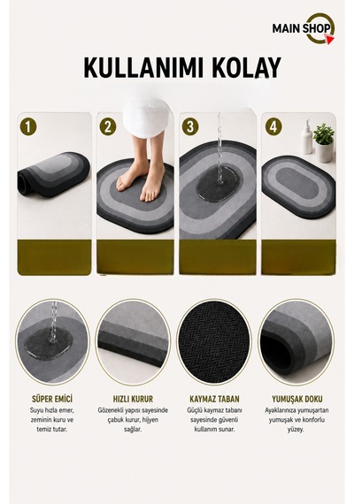 Mainshop 38x58 Cm Kaymaz Tabanlı Su Emici Banyo Ve Mutfak Paspası M-60 Siyah