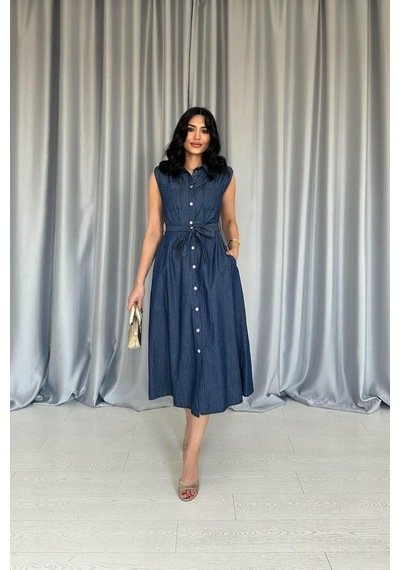 De'charme Mavi Tencel Çıtçıtlı Elbise
