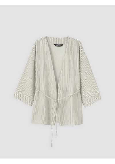 Lcw Studıo Bej Şal Yaka Çizgili Kuşaklı Kadın Kimono