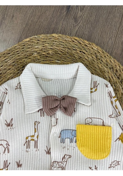 Bebicix Kaşkorse Esnek Papyonlu Animal Figürlü Patikli Çıtçıtlı Erkek Bebek Tulum Sütlü Kahve