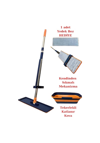 Katlanabilir Ve Tekerlekli Kovalı Mop Seti Yedek Mop Bezi Hediyeli Kendinden Sıkmalı Mop Seti