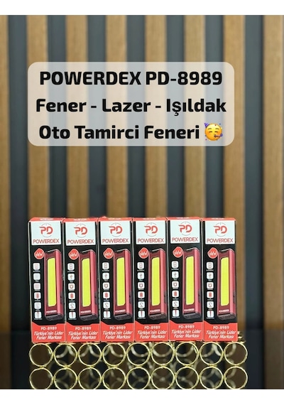Powerdex Pd-8989 Şarjlı Led El Feneri Lazer Işıldak Oto Tamirci Kamp Çalışma Lambası Çok Renkli