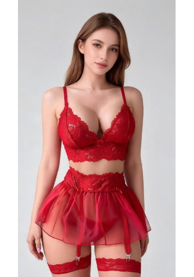 Suısy Reine De Coeur Kırmızı Dantelli Jartiyerli İç Giyim Takımı
