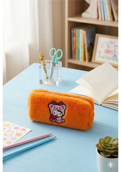 Peluş Kalem Kutusu Kalemlik Kalem Çantası 6x10x19 Cm Orta Boy Turuncu Bebek Çok Renkli
