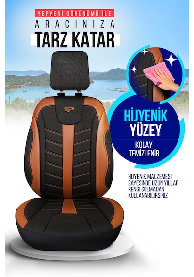 Siyah - Taba Garni Panda Mardin Serısı Keten Kumaş Oto Koltuk Kılıfı - Tam Set