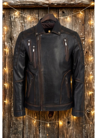 Derije Hakiki Deri Motorcu Tarzı Vintage Erkek Biker Mont Eskitme
