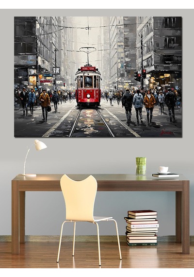 Kırmızı Tramvay Ve Siyah Beyaz Şehir Dekoratif Kanvas - Mdf Ahşap Tablo