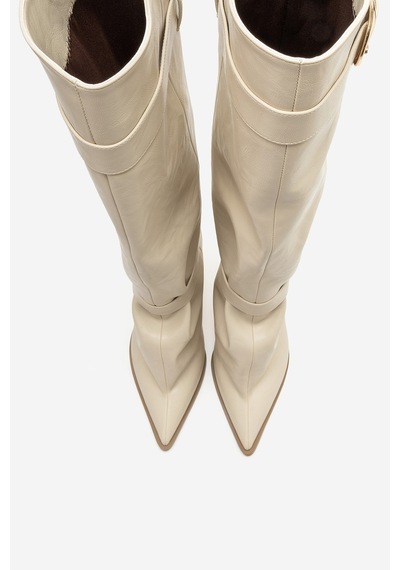 Luvi Shoes Marcella Ekru Kemerli Kadın İnce Topuklu Çizme