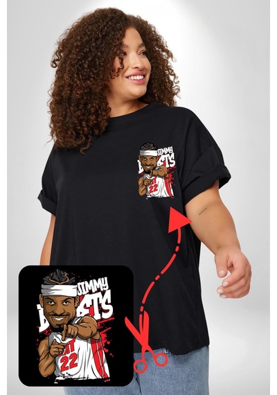 Angemiel Jimmy Butler Basketbol Siyah Büyük Beden Kadın Basic Minimal Baskılı Tişört Siyah