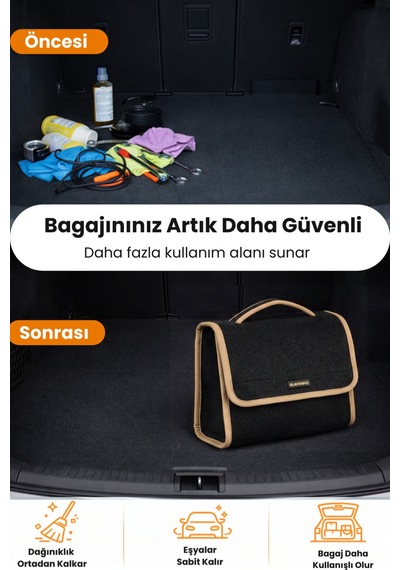 Oto Bagaj Organizer Bagaj Çantası M Boy Kaymaz Cırt Bantlı Velur Kompakt - Siyah Bej
