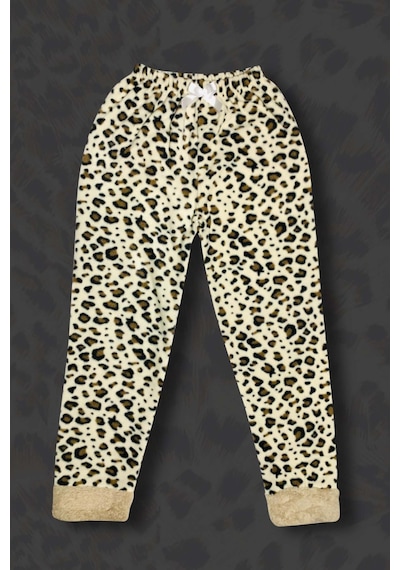 Kız Çocuk Leopar Desenli Göz Bantlı Peluş Polar Pijama Takımı Ekru