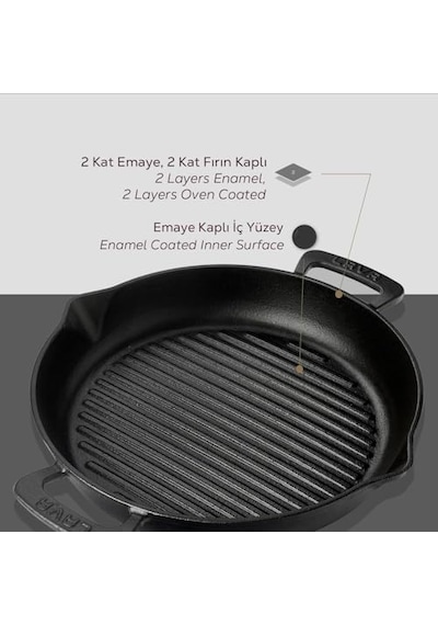 Lava Döküm Yuvarlak Izgara Tava, Metal Kulplu, 32cm, Siyah Açık Bakır