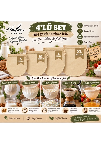 Halm 4 Lü Eko Set Pamuk Süzme Torbası Badem Ve Yulaf Sütü, Süzme Yaoğurt, Lor Ve Kese Peyniri Yapımı İçin Süzgeç S-m-l-xl Bej