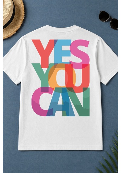 Spoyi Yes You Can Tasarımlı %100 Pamuk Yarım Oversize Beyaz T-shirt