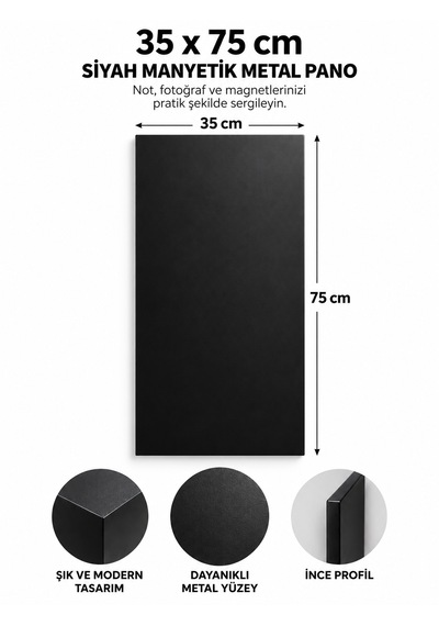 Mooly Siyah Mıknatıslı Metal Pano 35x75 Cm, Dekoratif Magnet Ve Not Panosu