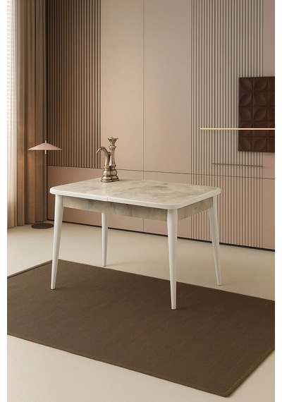 Rambla Ortadan Açılır Büyüyen Yemek Masası Mermer Desenli 80x130cm Beyaz