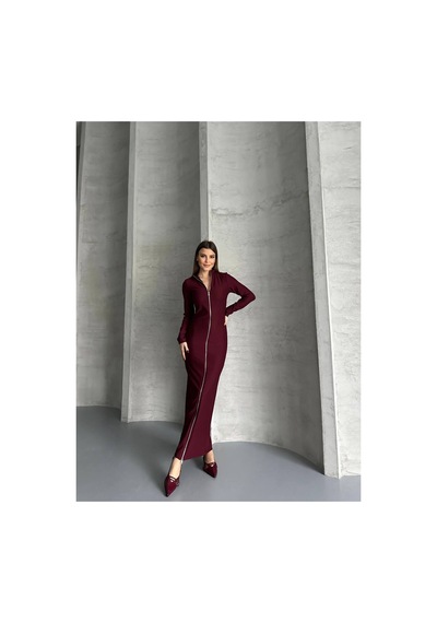 Asur Boutique Asur Butik Kadın Ottoman Kumaş Fermuarlı Uzun Elbise Bordo
