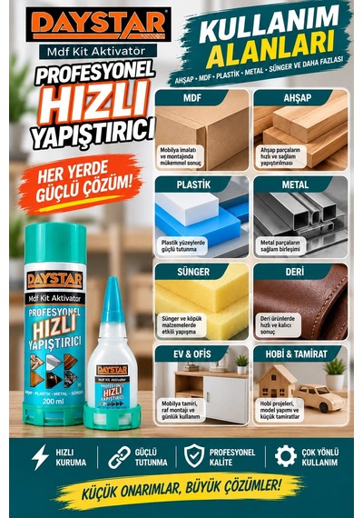 Daystar Profesyonel Hızlı Yapıştırıcı 3 Lü Set Mdf Ahşap Plastik Metal Uyumlu Aktivatörlü Güçlü Ya