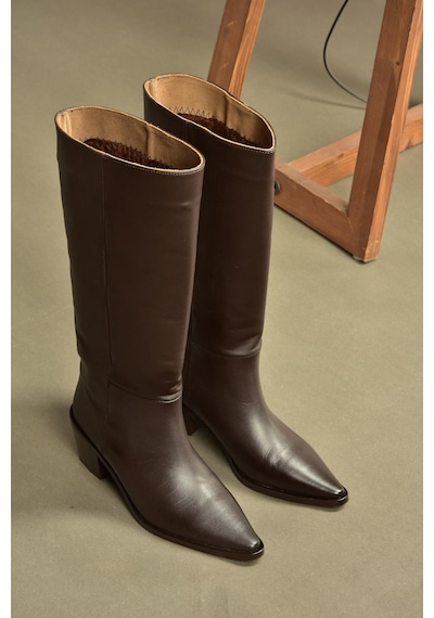 Fox Shoes V654082103 Kahverengi Hakiki Deri Kalın Topuklu Kadın Çizme Kahverengi
