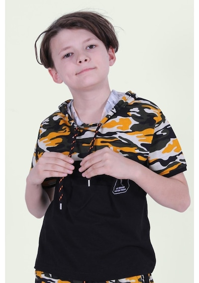 Panios Kids Kapşonlu Kamuflaj Desen Erkek Çocuk T-shirt Sarı