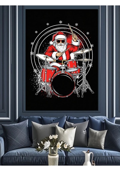 Ahşap Tablo Bateri Çalan Neşeli Noel Baba