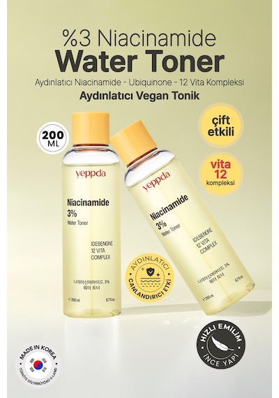 Yeppda %3 Niacinamide İçeren Aydınlatıcı Vegan Tonik Yeppda Niacinamide %3 Water Toner 200ml