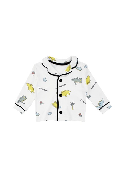Bebegen Unisex Ekru Renkli Dinazor Desenli Kruvaze Yaka Pijama Takımı Çok Renkli