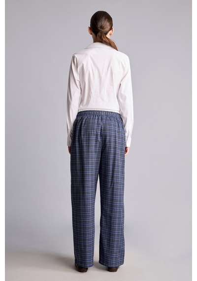 Defacto Ekose Desenli Bağcıklı Beli Lastikli Wide Leg Pantolon I2064ax26aunv241 Lacivert-nv241