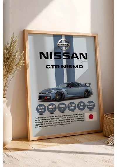 Nissan Gt-r Nismo Premium Spor Araba Çerçeveli Tablo - Teknik Özellikli Jdm Duvar Dekoru Kayın