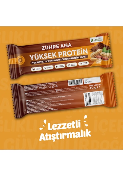 Yer Fıstıklı Ve Kakaolu Yüksek Proteinli Bar, Şeker İlavesiz 40 Gr X 12 Adet