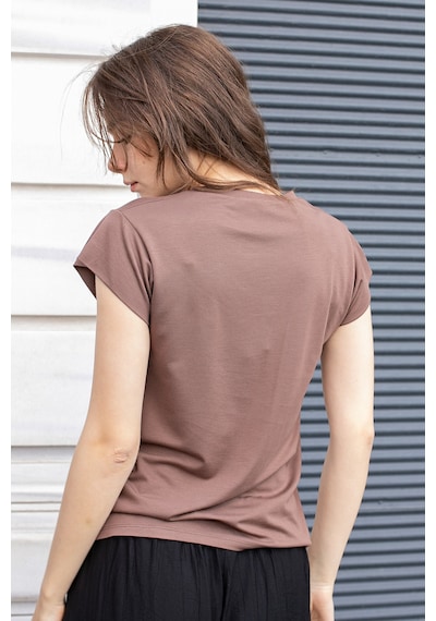 Kadın İpeksi Kumaş Geniş Sıfır Yaka Kısa Kol Tshirt Bluz-kahve Kahve