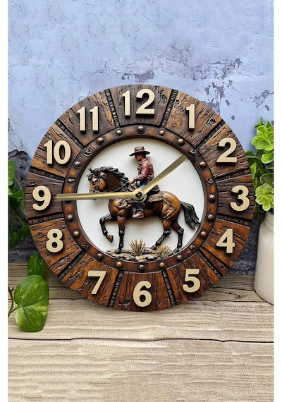 Western Kovboy Temalı 3d Görünümlü Mdf Duvar Saati - 33 Cm Sdw303 Renkli