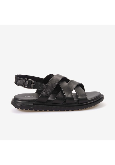 Kemal Tanca Erkek Kauçuk Tabanlı Deri Comfort Günlük Çapraz Bantlı Sandalet 555 siyah