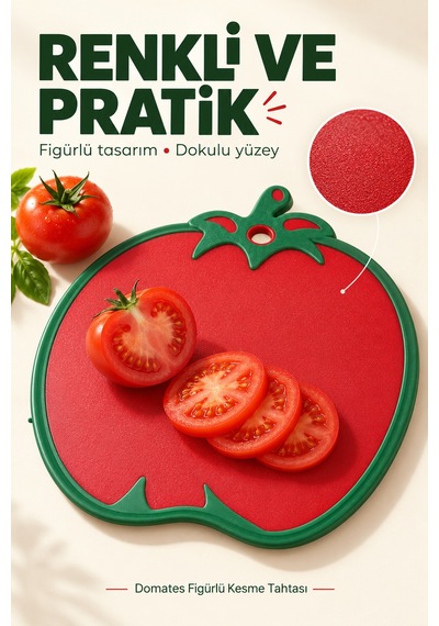 Domates Figürlü Kaydırmaz Kesme Tahtası 30 X 30 Cm Askılı Plastik Sebze Meyve Doğrama Panosu Kırmızı