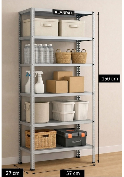 Çelik Raf 5 Katlı 27x57x150 Dekoratif Raf Sistemleri, Depo Rafı, Arşiv Rafı, Kiler Rafı, Mutfak Rafı Galvaniz