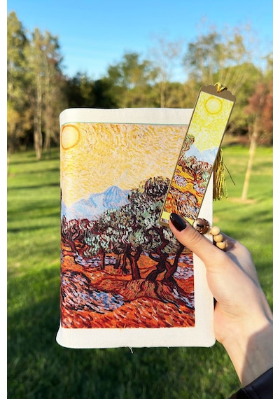 Kitap Kılıfı Ve Metal Kitap Ayracı Seti Van Gogh Zeytin Ağaçları