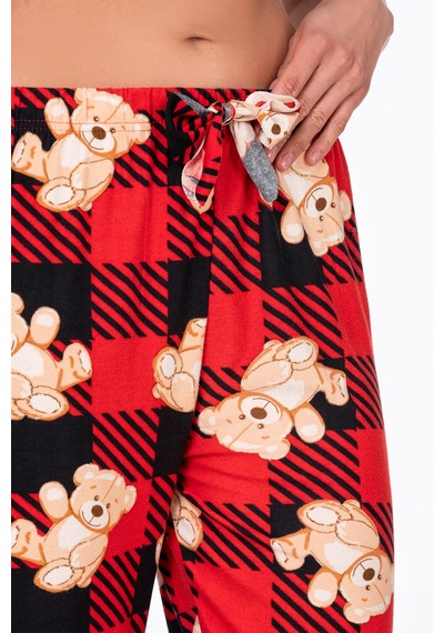 Kompedan Kadın Süet Kırmızı Kareli Ayıcık Desenli Pijama Tek Alt Desen 8