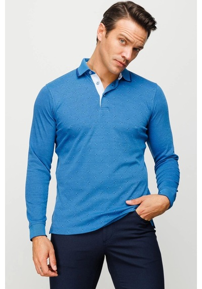 Desen Triko Erkek Polo Yaka Kare Desenli Uzun Kollu Sweatshirt Saks Saks Desen Triko Erkek Polo Yaka Kare Desenli Uzun Kollu Sweatshirt Saks Saks