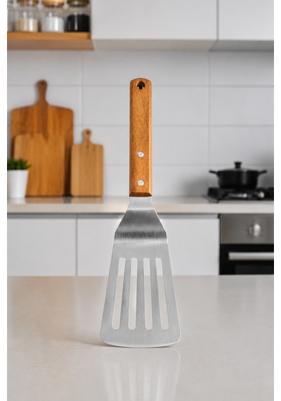 Japon Spatulası Bıçaklı Ve Delikli - Profesyonel 304 Kalite - Teppanyaki Stil Spatula - Ahşap Akasya Saplı - Hem Dekoratif Hem Pratik Çelik
