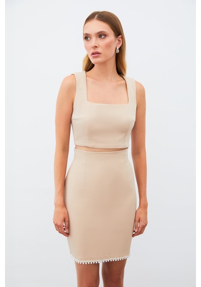 Sateen Kare Yaka Crop Bluz - Camel-134916