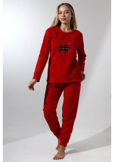 Wordex Fawn 5016 Peluş Welsoft Polar Kışlık Yumoş Geyikli Kadın Pijama Takımı Kırmızı