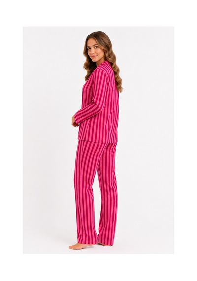 Sleeproom Kadın Süet Mevsimlik Uzun Kol Pembe Pembe Çizgi Desen Pijama Takımı