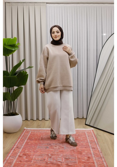Moonsc Oversize Sweat 3 İplik Şardonlu Bej