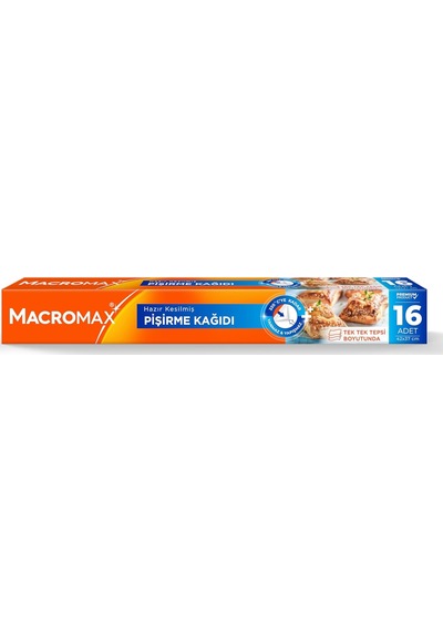 Macro Max Hazır Kesilmiş Yağlı Pişirme Kağıdı 16 Adet, Standart Fırın Tepsisi Boyutu 42x37 Cm