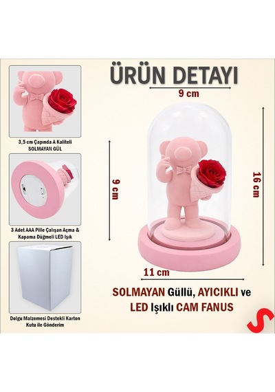 Solmayan Güllü Ayıcıklı Led Işıklı Cam Fanus - Pembe