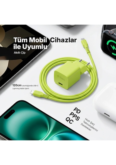 Ttec Smartcharger Gan 20W PD Seyahat Hızlı Şarj Aleti + USB-C - Lightning 120 CM Kablo Neon Sarı